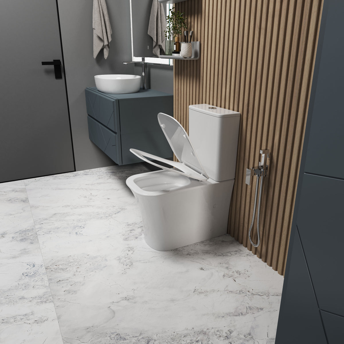 Proxima Compacto: inodoro de pie con asiento Soft-close + cisterna (descarga Tornado)