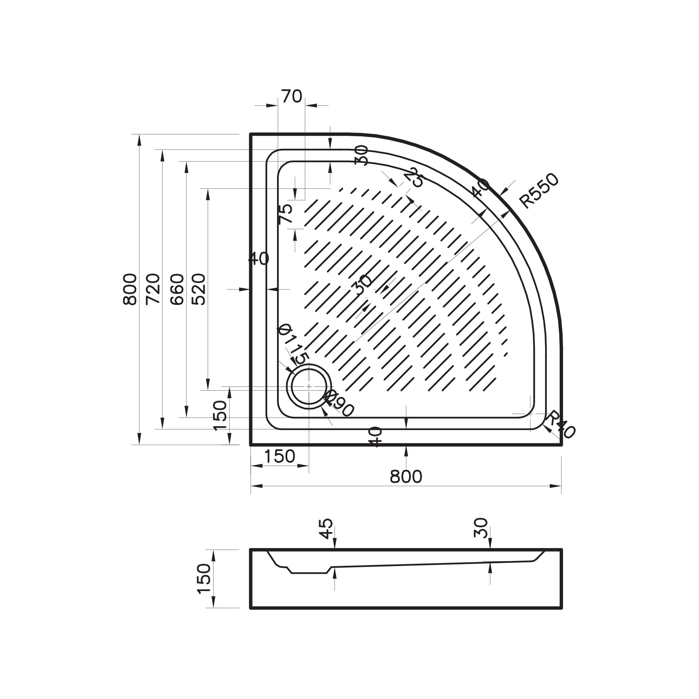 Round acrylic shower tray 80x80, quadrant